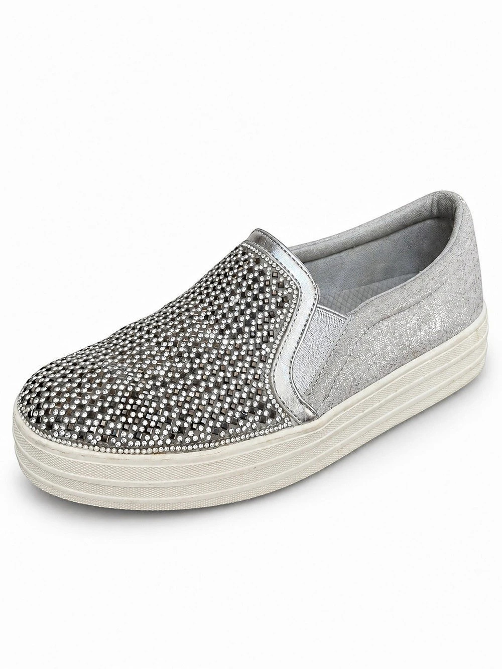 Skechers Double Up Shine Bright Silver Rhinestone Slip-On Memory Foam Sneakers